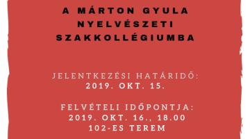 Felvételi a Márton Gyula Nyelvészeti Szakkollégiumba (2019--2020)